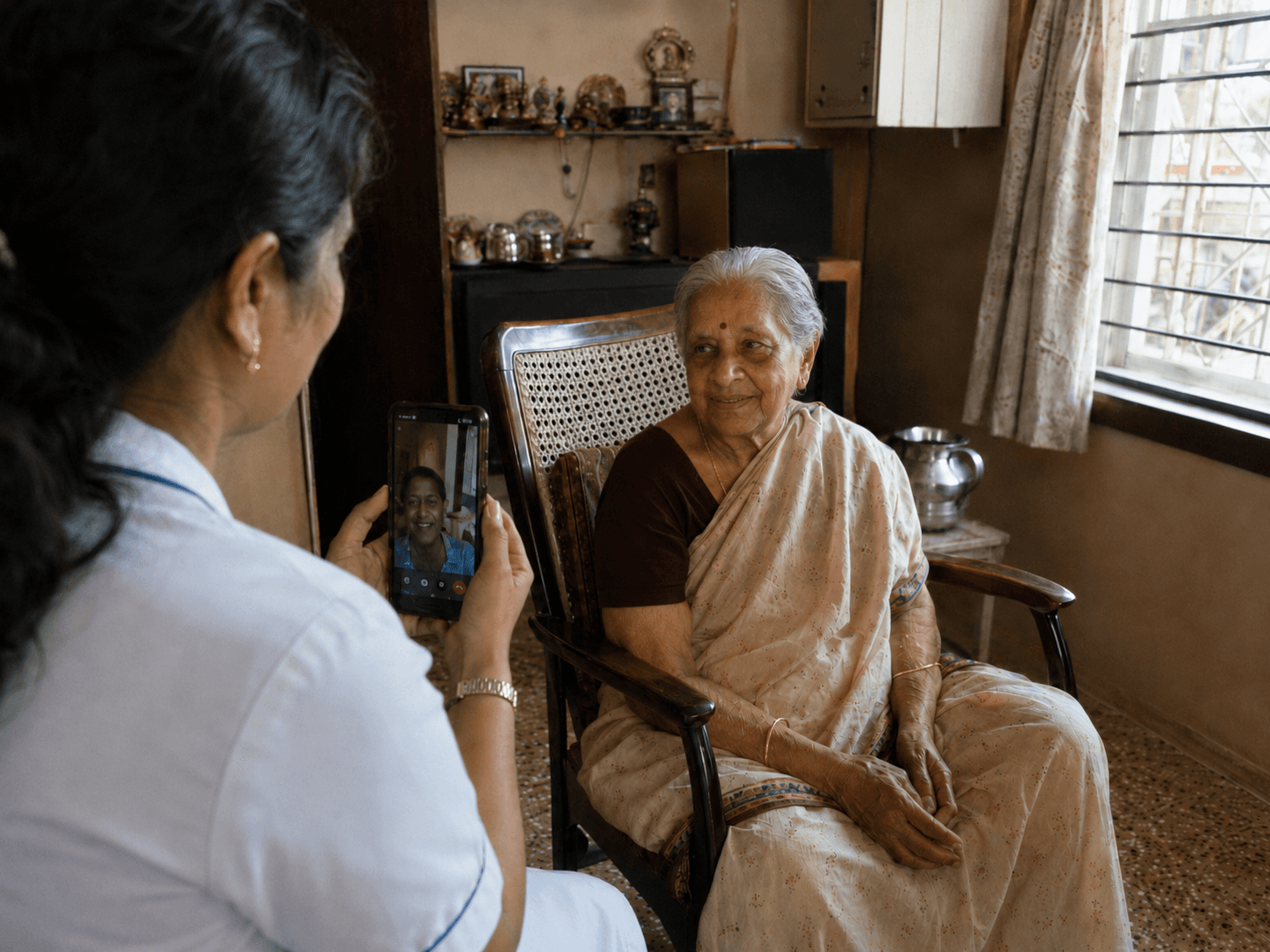 A video call home, set up by the nurse